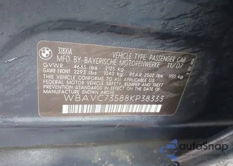 2008 BMW 328Xi z USA, uszkodzony, nr VIN WBAVC73588KP38333